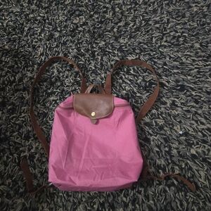 Longchamp Le Pliage Original Backpack Pink Nylon Brown Leather Foldable Small​